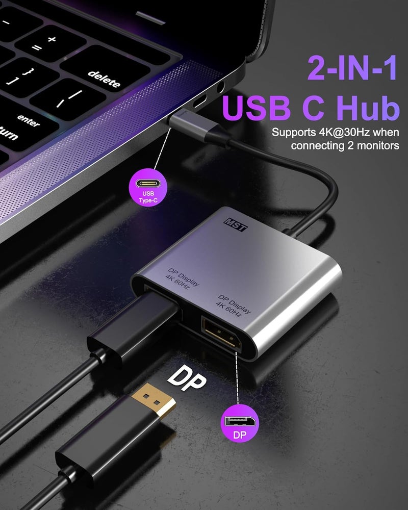 Anehmeta محول USB C إلى Dual DisplayPort، موزع Display Port بدقة 4K@60Hz لشاشتين، محول Type C إلى DP لشاشتين متوافقة مع Dell XPS 13 15، Lenovo Yoga، Sumsung Chromebook، HP وغيرها - Image 3